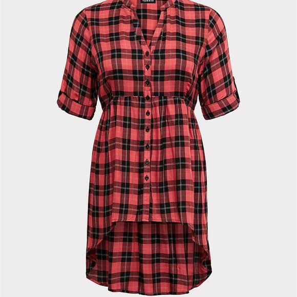 Torrid Lexie Plaid Hi-Lo Challis Tunic Red Black Women's Plus Size 3 3X H11863 - Picture 10 of 11
